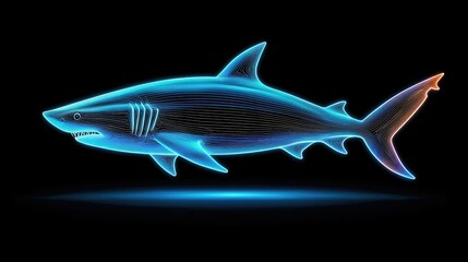 Obraz premium A futuristic, neon-lit illustration of a shark swimming against a dark background, showcasing vibrant colors and a digital aesthetic.