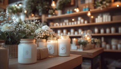 A cozy interior showcasing candles and flowers in a beautifully arranged store.