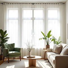 Bright modern living room with large windows and green accents.