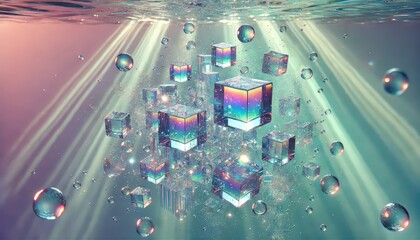 「光と水が織りなす幻想の立方体世界｜クリスタルアートの夢幻風景」

