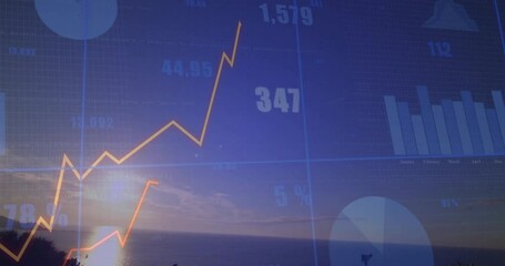 Digital financial chart overlay floating over sunset seascape, displaying line, bar and pie graphs - Powered by Adobe