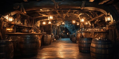 Obraz premium Mysterious Pirate Ship Tavern: A dimly lit, atmospheric interior of an old pirate ship's tavern, featuring wooden barrels, antique bottles, and hanging lanterns.
