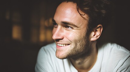 Obraz premium Happy Caucasian Man in Casual Attire at Home, Upper Body Shot with Natural Side Lighting, Blurred Cozy Interior Background, Showcasing Relaxation and Approachability for Family and Lifestyle Themes