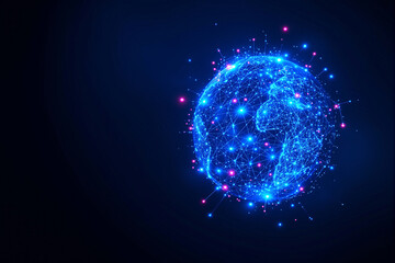 Glowing digital Earth made of blue light nodes and lines showing global connectivity, futuristic graphic style on dark background, concept of technology. Ai generative