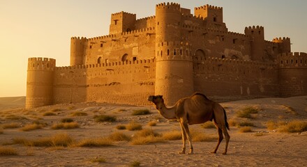 Majestic Castle and Camel at Sunset in the Arabian Desert