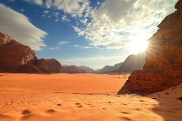 Vast desert landscape under a brilliant sunrise in Wadi Rum, Jordan showcasing natural beauty