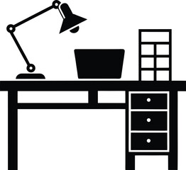 Black Desk with Drawers, Table Lamp and a Bookcase, Minimalist on White