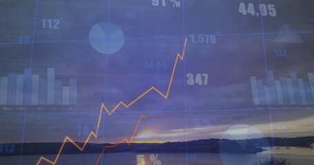 Semi-transparent data visualizations floating above calm sunset lake, showing line, bar, pie charts - Powered by Adobe