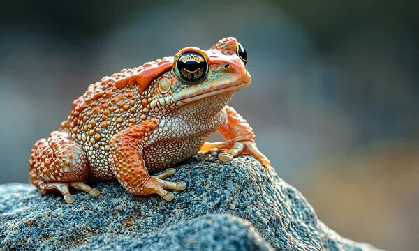 Close-up of a vibrant orange frog perched on a rock, set against a blurred natural background