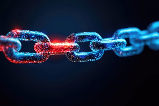 Broken chain link.  A chain link is broken, with a bright red/blue light emanating from the damaged segment - Powered by Adobe