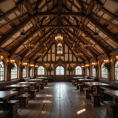 Obraz premium Rustic Wooden Dining Hall Interior with High Ceilings and Chandeliers