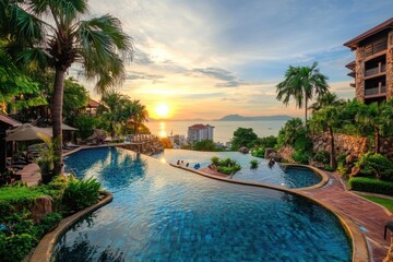 Fototapeta premium Explore luxury life in Pattaya Thailand featuring serene pools and stunning sunset views by the coastline