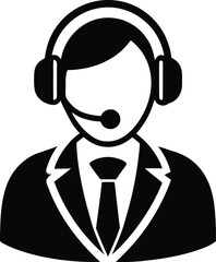 Call Center Operator Wearing Headset in Formal Black Suit Silhouette