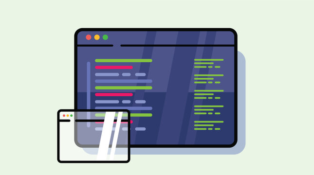 Illustration of a programming and coding screen displaying app development interface