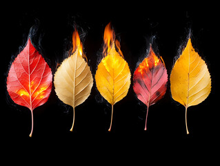 Fototapeta premium Autumn leaves ablaze vivid hues against darkness creating a surreal fiery display of seasonal change