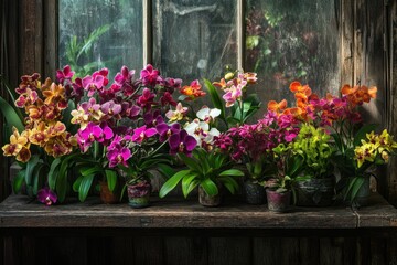 A vibrant collection of potted orchids in various colors, displayed on a rustic wooden windowsill.