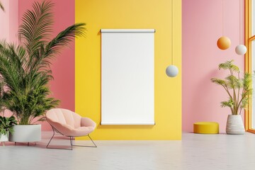 A vibrant interior showcases a blank canvas for branding or a message, set against a colorful backdrop with plants and modern furniture.