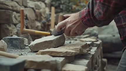 Stone Mason Working with Chisel and Hammer