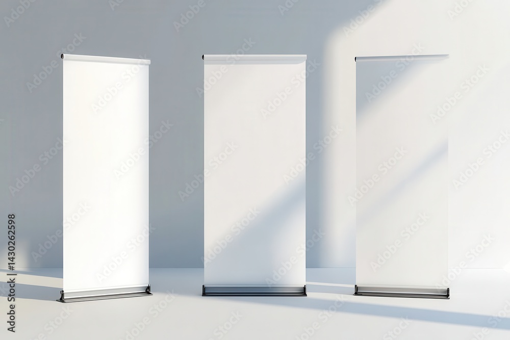 Poster three blank rollup posters stand in a brightly lit room, ready for customization. sunlight casts sha