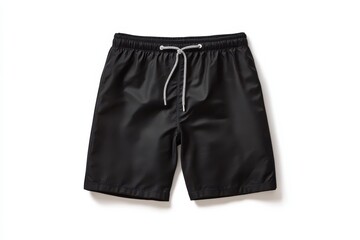 A pair of unbranded solid black shorts with an elastic waistband and a white drawstring, laid out on a white background.