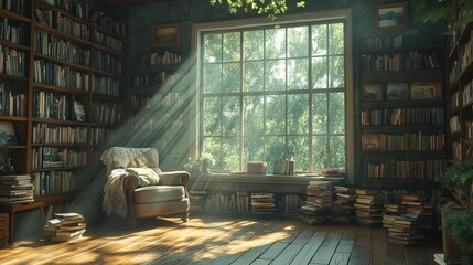 Sunlit Library: Books, Reading Nook, Tranquility