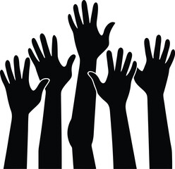 Silhouetted Hands Reaching Upwards, Volunteer Hands Raising, Unity, Connection, Cooperation