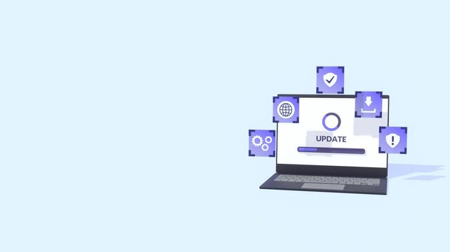 System Update, Software Maintenance And Upgrades, New Features, Version Upgrades Concepts Animation With Copy Space For Text. Animated Laptop Screen With Updating Progress Bar.