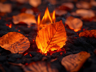 Glowing leaf in fire embers surrounded by autumn foliage Light smoke rises from the burning ground