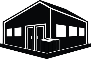 Black isolated commercial building with door, windows and boxes on white