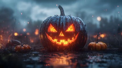 Fototapeta premium Halloween pumpkin with a carved face, a hilly background, dark lighting, a spooky atmosphere, a warm orange glow from the lantern inside, surrounded by gourds and pumpkins, detailed carving on its sur