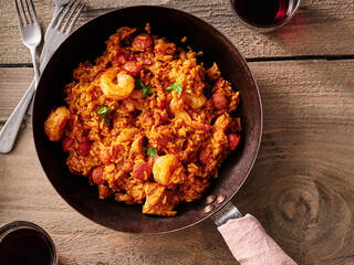 A hearty one pot meal featuring savory sausage and shrimp mixed with seasoned rice sits in a skillet on a wooden table, perfect for a family dinner on a chilly evening
