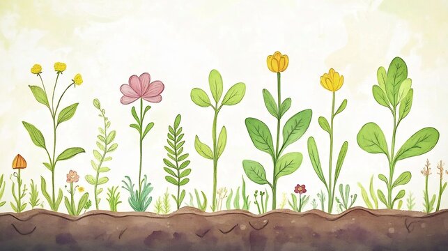 Whimsical Watercolor Garden: A Row of Diverse Blooming Plants
