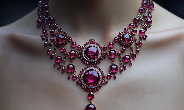 Close-up of an elegant ruby necklace adorning a model's neck, set against a blurred dark background