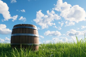 Obraz premium Wooden barrel centered on a grassy field under a bright, sunny sky.