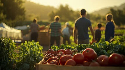 Golden Hour Harvest: Ripe Tomatoes and Farmers in a Rustic Field