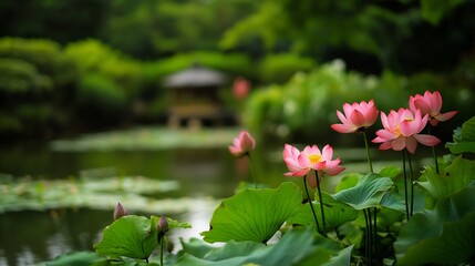Serene Pink Lotus Blossoms in a Tranquil Garden Pond