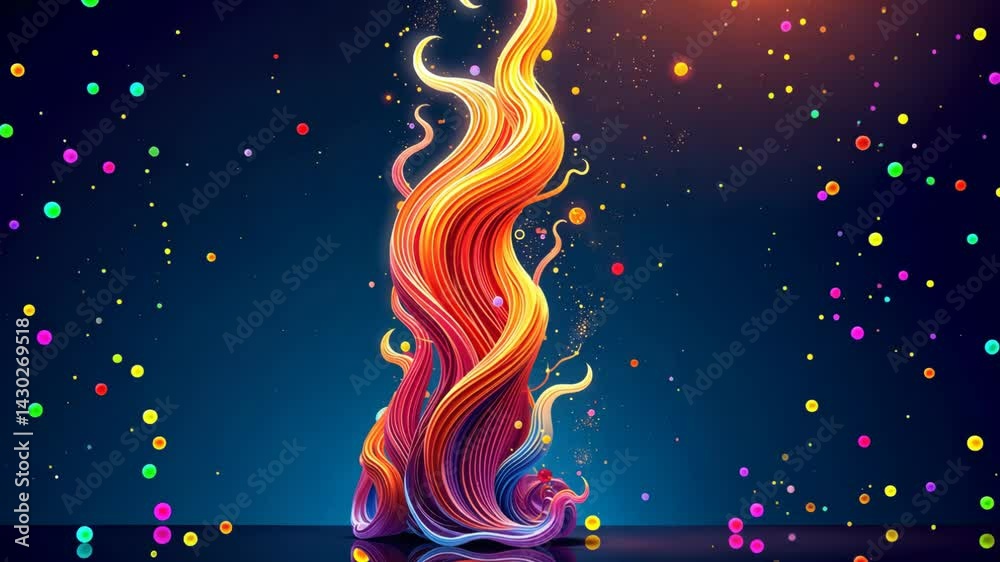 Poster a colorful fire with many different colors. the fire is surrounded by many different colored balls.