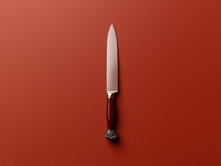 A sharp knife on a red surface.