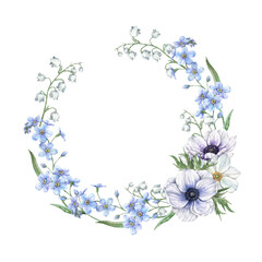 Fototapeta premium Anemones and white lilies of the valley, blue forget-me-nots, wild herbs and flowers. Spring botanical watercolor round wreath, suitable for eco-branding, packaging, wedding design, cards, banners.