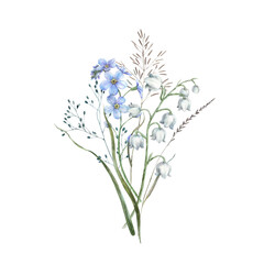 Obraz premium Blue forget-me-nots, white lilies of the valley, dried and wild herbs. Watercolor illustration of a bouquet of flowers, perfect for eco-branding, packaging, cards, wedding design and botanical prints.