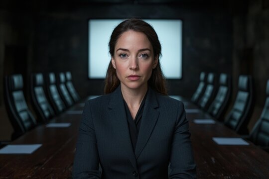 Businesswoman in a boardroom setting looking at the camera.