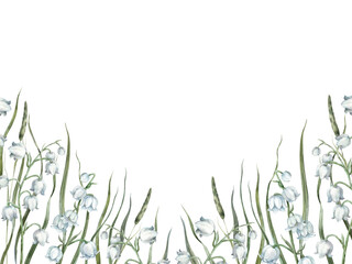 Delicate white lilies of the valley, wild grasses and dried wild flowers. Watercolor illustration painted in natural tones. Suitable for eco-branding, packaging, greeting cards, wedding design.
