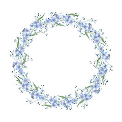 Floral wreath of blue forget-me-nots and dry wild grass. Watercolor round isolated composition composition is suitable for eco-branding, packaging, cards, wedding design, botanical projects, floristry