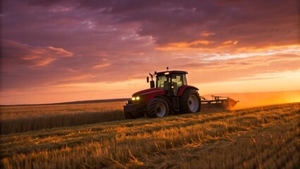 Obraz premium Tractor in fields golden hour majestic sky 