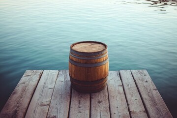Naklejka premium Tranquil wooden barrel resting serenely on a rustic dock overlooking placid water.