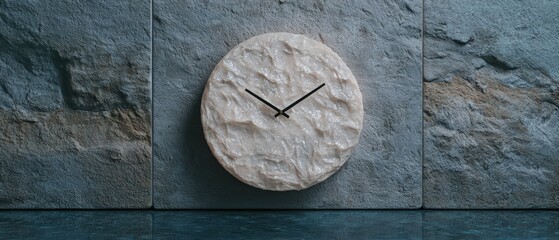 A unique stone clock on a textured wall.