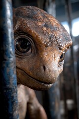 Fototapeta premium Close-up of a baby dinosaur looking through a cage.