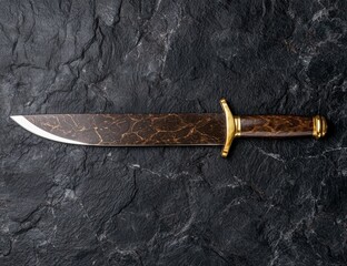 A handmade hunting knife on a dark stone background.