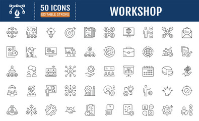 Workshop line editable icon set. Containing team building, teamwork, coaching, meeting, managing, coaching, motivation and more. Vector Illustration