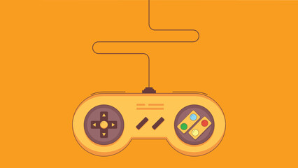 Illustration of a retro gaming controller with directional pad on the left, colored action buttons on the right, and central menu buttons, connected by a cable against an orange background.